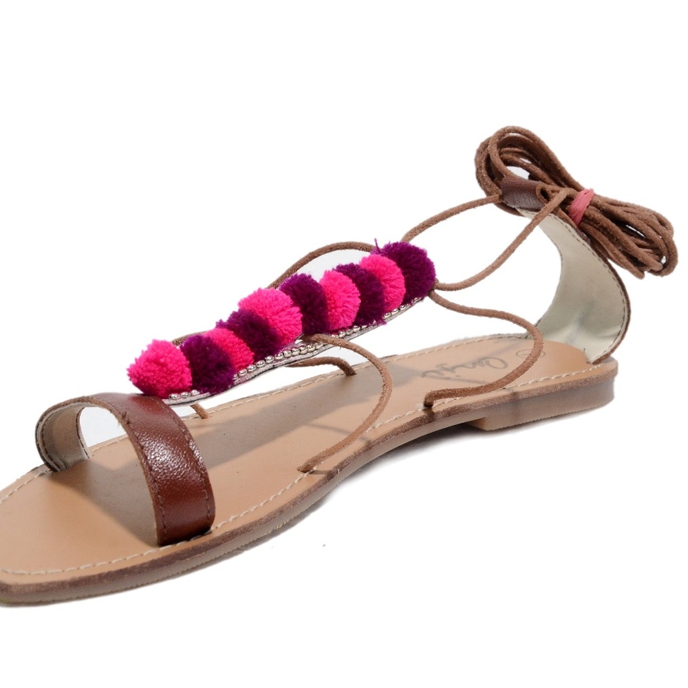 Women pom pom Leather Flat sandal By Anji New